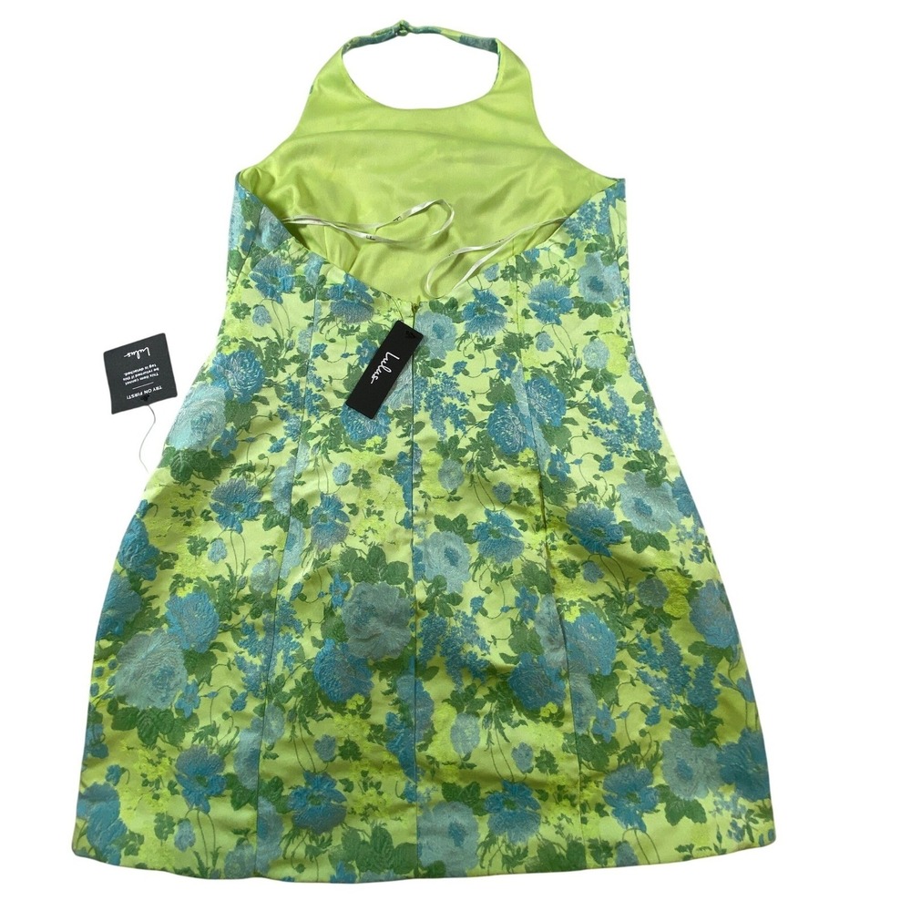 Lulus Ariadna Lime Green Floral‎ Jacquard Halter Mini Dress Size Large - Picture 5 of 15